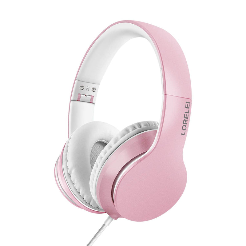 LORELEI X6 Over-Ear Headphones with Microphone, Lightweight Foldable & Portable Stereo Bass Headphones with 1.45M No-Tangle, Wired Headphones for Smartphone Tablet MP3 / 4 (Pearl Pink)