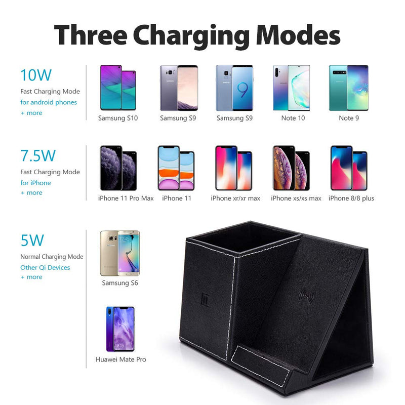 Desk Supplies Organizer, Multi-Functional Pencil Pen Holder with Wireless Charger, Desktop Stationery Organizer, Home Office Supply Storage Box Caddy (Black)