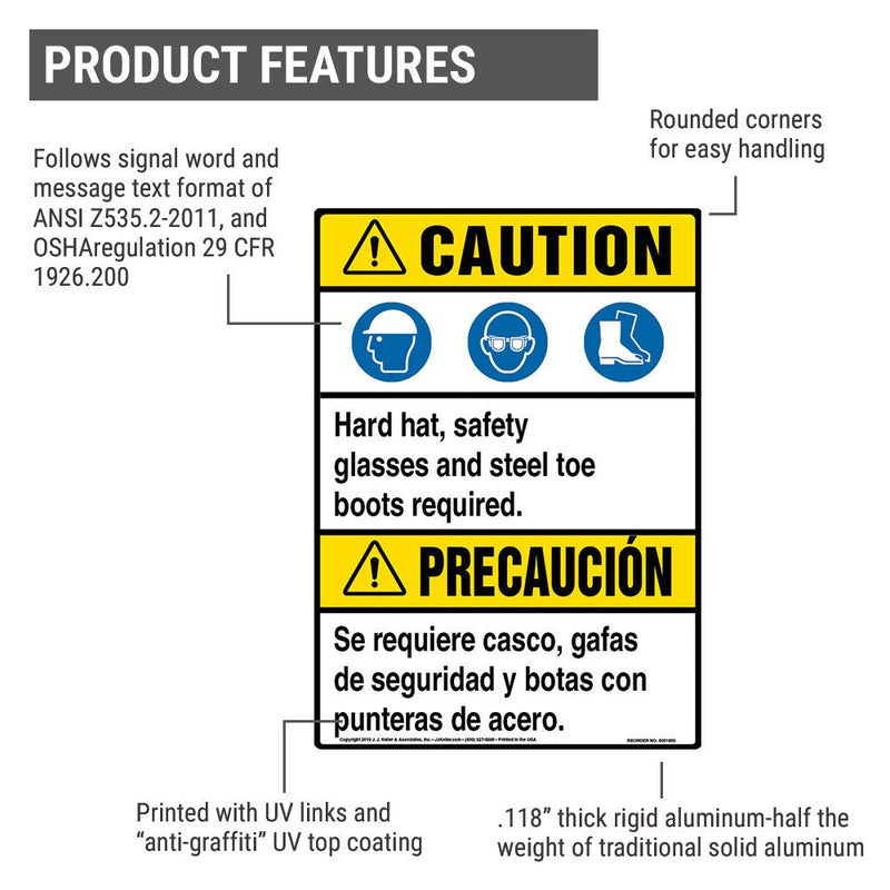 Caution: PPE Must Be Worn Sign Bilingual - J. J. Keller & Associates - 10" x 14" Heavy-Duty Alumaboard with Rounded Corners for Outdoor Use - Complies with ANSI Z535.2-2011 & OSHA 29 CFR 1926.200