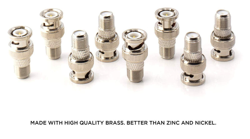 RF (F81) and BNC Coaxial Adapter - BNC Male to Female F81 (F-Pin) Connector, Adapter, Coupler, and Converter - for RG11, RG6, RG59, RG58, SDI, HD SDI, CCTV - 4 Pack Silver BNC Male
