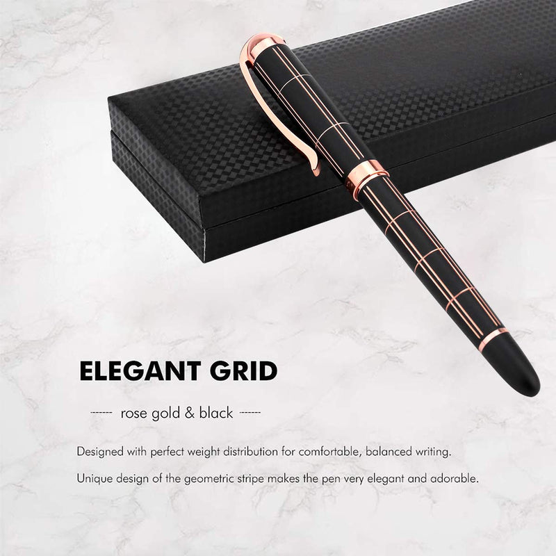 Rose Gold Gel Ink Rollerball Pen - Geometric Stripe Style Copper Grip Metal Pens in Adorable Box with 1 Extra Refill (Black Ink, 0.7mm Fine Point)