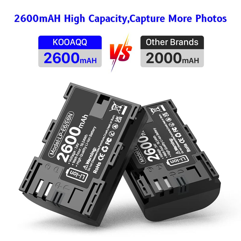 KOOAQQ LP-E6 / LP E6N Camera Battery Rechargeable 7.4V 2600mAh High Capacity Battery for EOS 5D Mark II III IV, 5DS, 5DS R, 6D, 6D Mark II, 7D, 7D Mark II, 60D, 70D, 80D, 90D, R, R5 and More-1 Pack 1 Pack battery