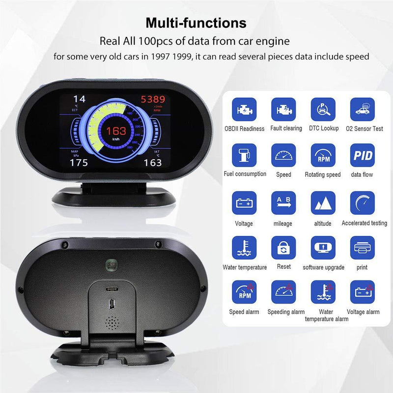 VJOYCAR V70 OBD2 Gauge HUD Heads Up Display, Car Computer OBD ii Scanner Speed Engine Coolant Temperature Fuel Consumption Digital Speedometer Mileage Overspeed Voltage Faulty Code Alarms