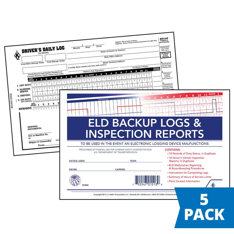 ELD Backup Driver Log Book 5-pk. with Detailed Driver Vehicle Inspection Report & Daily Recap - Book Format, 2-Ply Carbonless, 8.5" x 5.5", 10 Sets of Forms Per Book - J. J. Keller & Associates 5-pack
