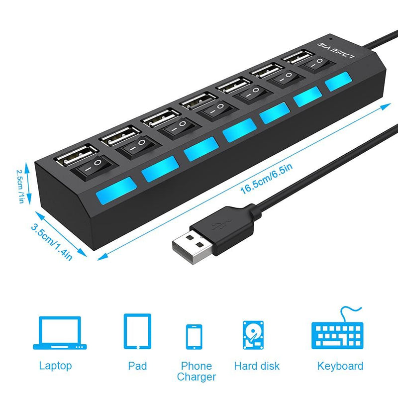 Multi Port USB Splitter, 7 in 1 USB 2.0 Hub with High Speed Individual ON/Off Switches with LEDs