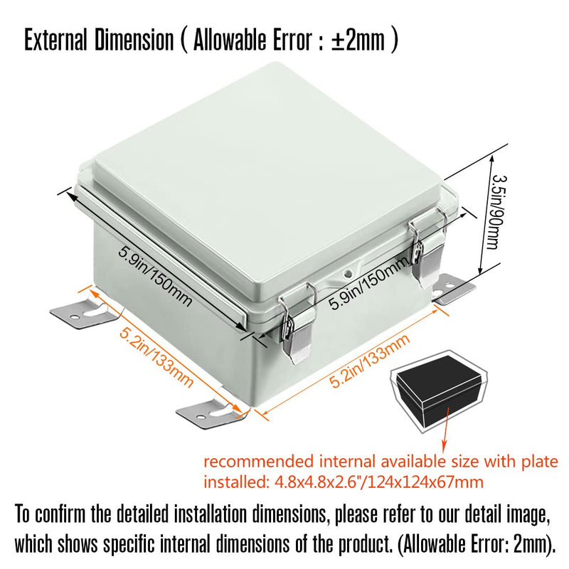 LeMotech ABS Junction Box Hinged Cover Stainless Steel Latch IP67 Waterproof Plastic Universal Enclosure with Mounting Plate and Wall Bracket for Electrical Project 5.9x5.9x3.5 inch (150x150x90mm) 5.9"x5.9"x3.5"