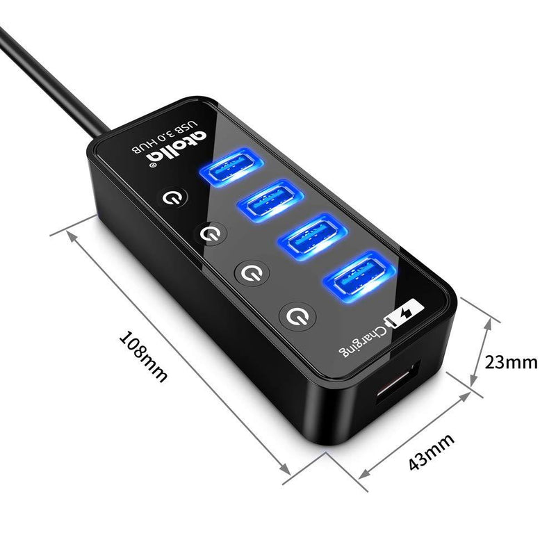 USB 3.0 Hub, atolla 4 Ports Super Speed USB 3 Hub Splitter with On Off Switch with 1 USB Charging Port (Cable Length 2 Feet, No AC Adapter) (4-Port hub)