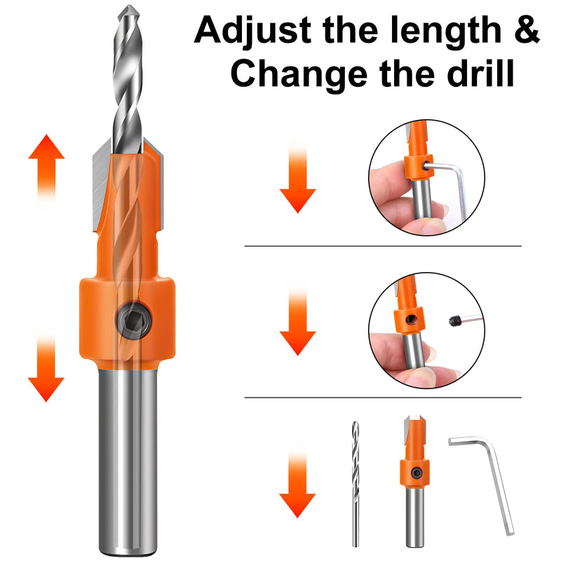Countersink drill set for wood, Lytool 10-piece drill with countersink, wood drill, countersink set, 8 mm shaft with hex key, for wood processing plastic