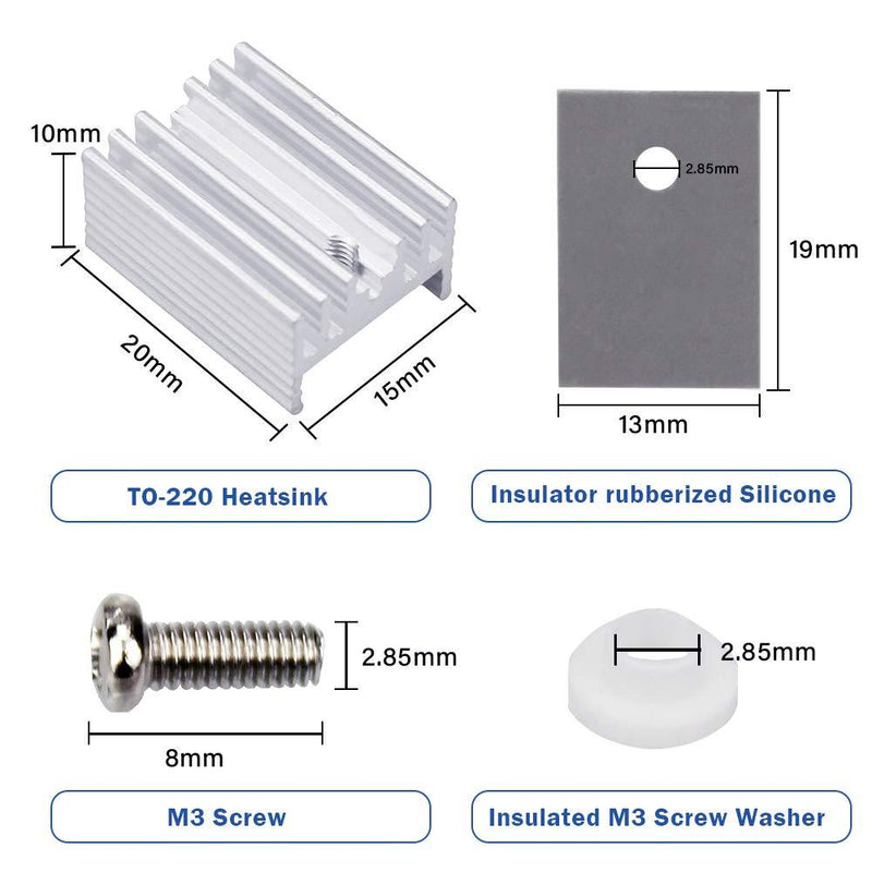 WayinTop 10 Packs TO-220 Aluminum Heatsink & Insulator/Mounting Kits for TO-220 MOSFET Transistor, TO-220 Heatsink + M3 Screw + Screw Washer + Insulator Rubberized Silicone (20mmx15mmx10mm)