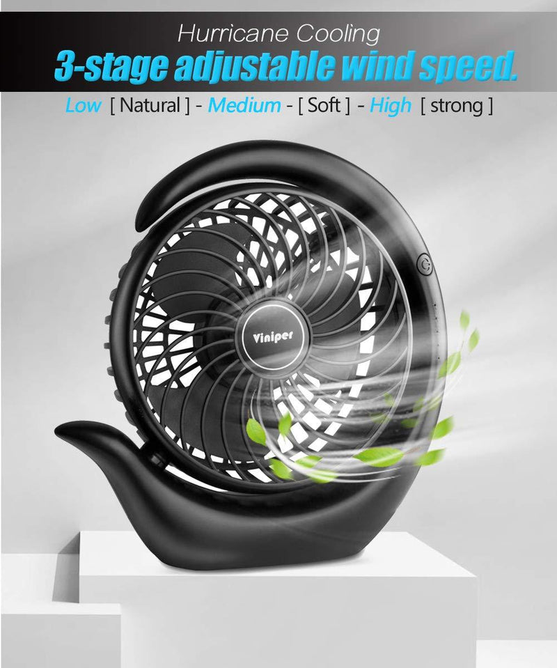 viniper Battery Operated Fan, Small Desk Fan : 3 Speeds & 8-24 Hours Longer Working, 180° Rotation, Optimised Portable USB Rechargeable Fan , Small but Mighty, for Home/Office (6.2 inch, Black) 6.2 inch