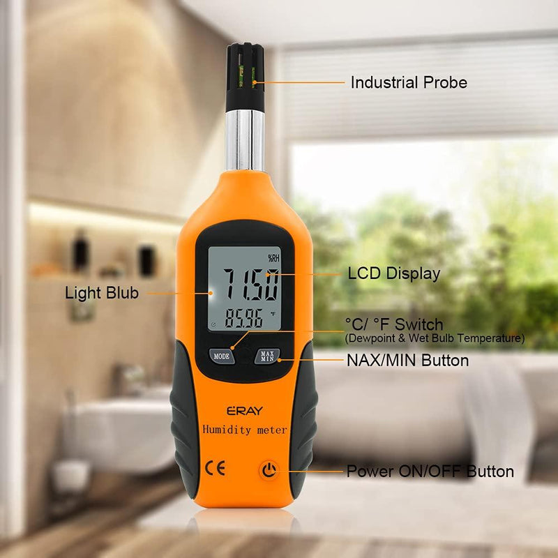 Digital Psychrometer Thermo-Hygrometer with Backlight, ERAY Temperature and Humidity Gauge Meter Thermometer Hygrometer with Dew Point and Wet Bulb Temperature, 9V Battery Included Orange