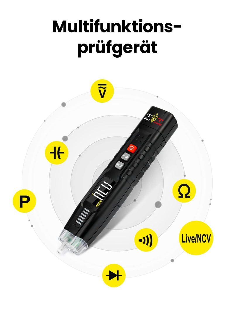 Smart multimeter digital/non-contact two-pole voltage tester, battery tester, continuity tester, phase tester, current tester, voltmeter, ammeter, rotating field measuring device for vehicles, household cars, KAIWEETS ST100