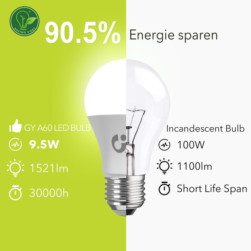 GY E27 LED warm white lamp 9.5W 3000K 1521 lumens warm white bulb, A60 energy saving lamp replaces 100W halogen lamp, non-dimmable LED bulbs, 2 pieces [energy efficiency class C] A60-9.5w3000k 2 pieces