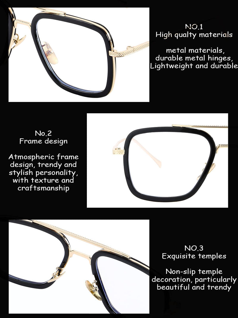 Onrtry Tony Stark Blue Light Blocking Glasses for Men Women Retro Metal Frame Iron Man Spider-Man Eyeglasses A1 Gold Black Frame 50 Millimeters