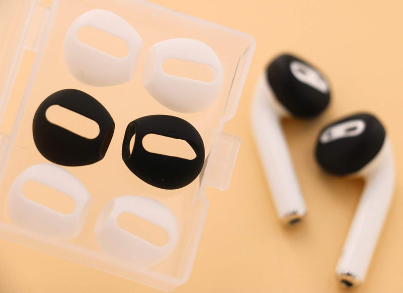 IiEXCEL (Fit in Case) 4 Pairs Replacement Super Thin Slim Silicone Earbuds Ear Tips and Covers Skin Accessories for Apple AirPods or EarPods Headphones (Fit in Charging Case) (Black White) black & white