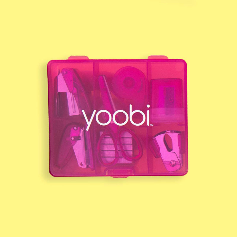 Yoobi Mini Supply Kit for Kids | Pencil Sharpener, Scissors, Stapler, Staple Remover, Tape & More | Home or School | Pink | Pack of 2 2 Pack