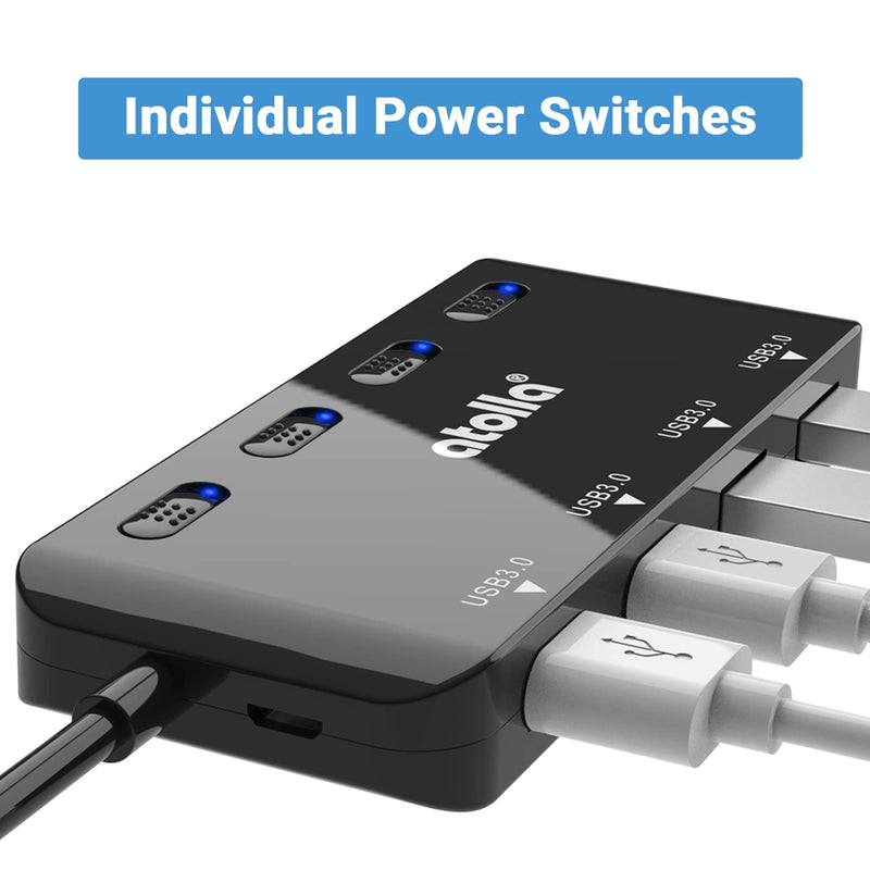 USB Hub, 4-Port USB 3.0 Hub Splitter with 2 ft Extended Cable, Ultra Slim Data USB Extender with Individual Power Switches and LED