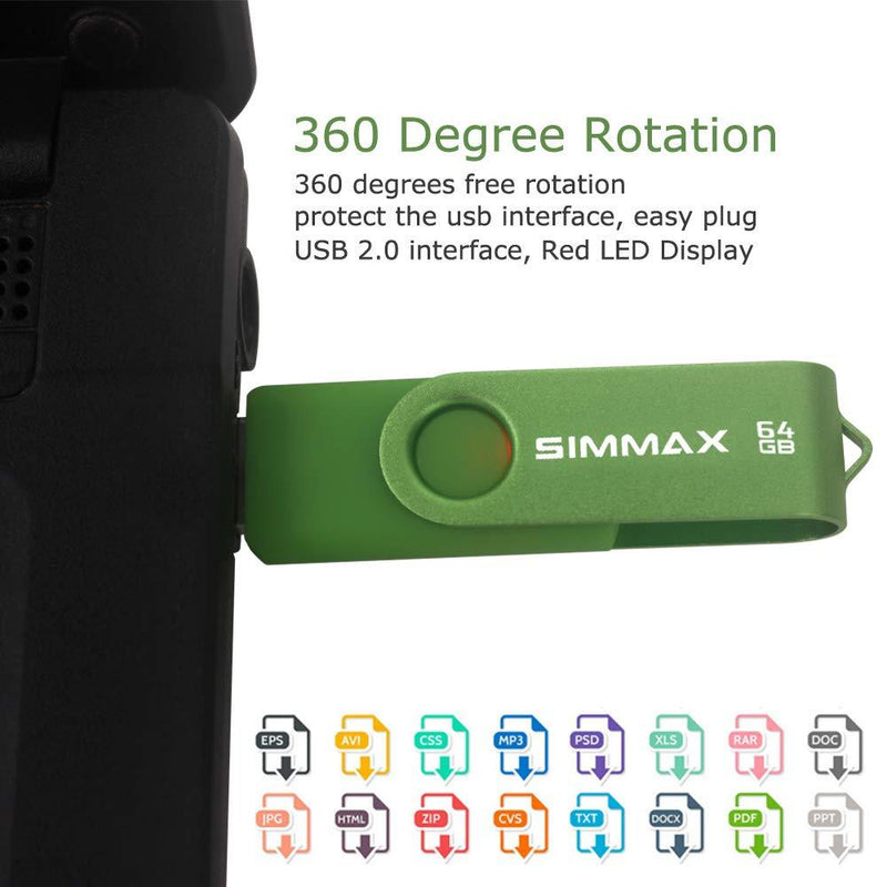 SIMMAX 3 Pack 64GB Memory Stick USB 2.0 Flash Drives Swivel Thumb Drive Pen Drive (64GB Pink Blue Green) 3Pack 64GB Swivel-Pink Blue Green