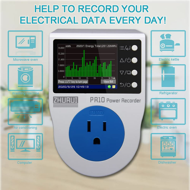 ZHURUI PR10-E US15A power meter plug/home power metering socket/watt meter/2.4 inch TFT color LCD/0.5FS(New) PR10-E-NEW