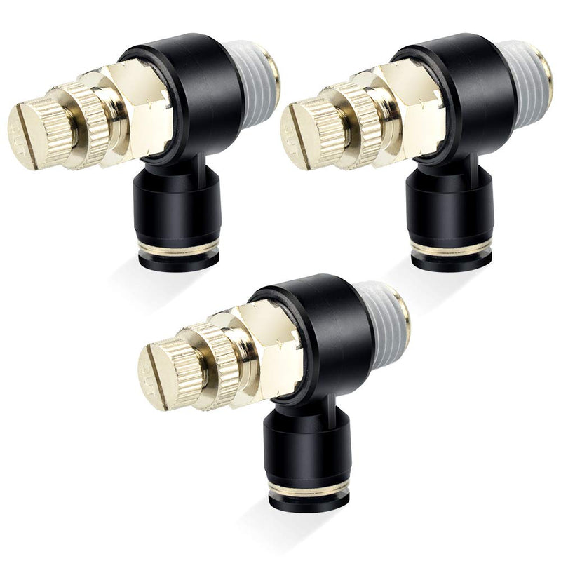 TAILONZ PNEUMATIC 3 Pack SL-1/4-N2 Push to Connect Air Line Fitting Air Flow Control Valve 1/4 Inch od 1/4 Inch Npt Elbow 90 Degree Air Speed Control Valve Fitting Push Lock 1/4"OD1/4"NPT