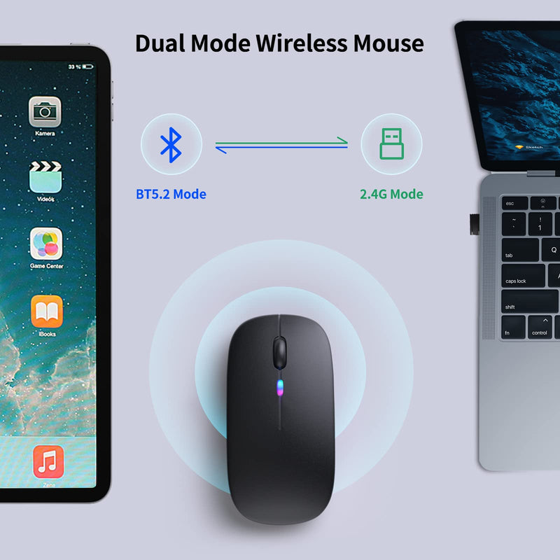 KANMABPC Wireless Bluetooth Mouse, Rechargeable LED Dual Mode Mouse (Bluetooth 5.2 and USB Receiver) Portable Silent Mouse,for Laptop/Desktop/Tablet(Black) Black