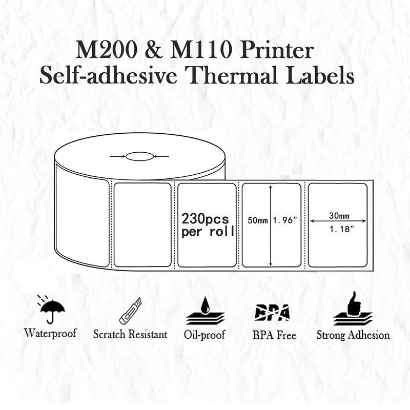 Memoking M200 Printer Label Paper, 1.96" x 1.18" (50x30mm) Thermal Label Printer Paper Compatible with Phomemo M200, M110 Label Maker, One Roll of 230 Labels 50mmx30mm