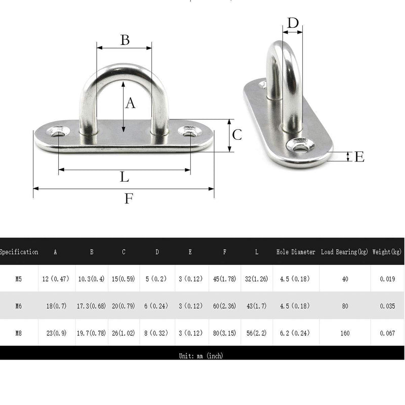 Lind Kitchen 2-Pack M8 Strip Type Eye Plate with Enclosed Hook 304 Stainless Steel Heavy Duty Ceiling & Wall Mount Hanging Hardware Fitting for Yoga Hammock Swing Marine Boat Application Strip - M8