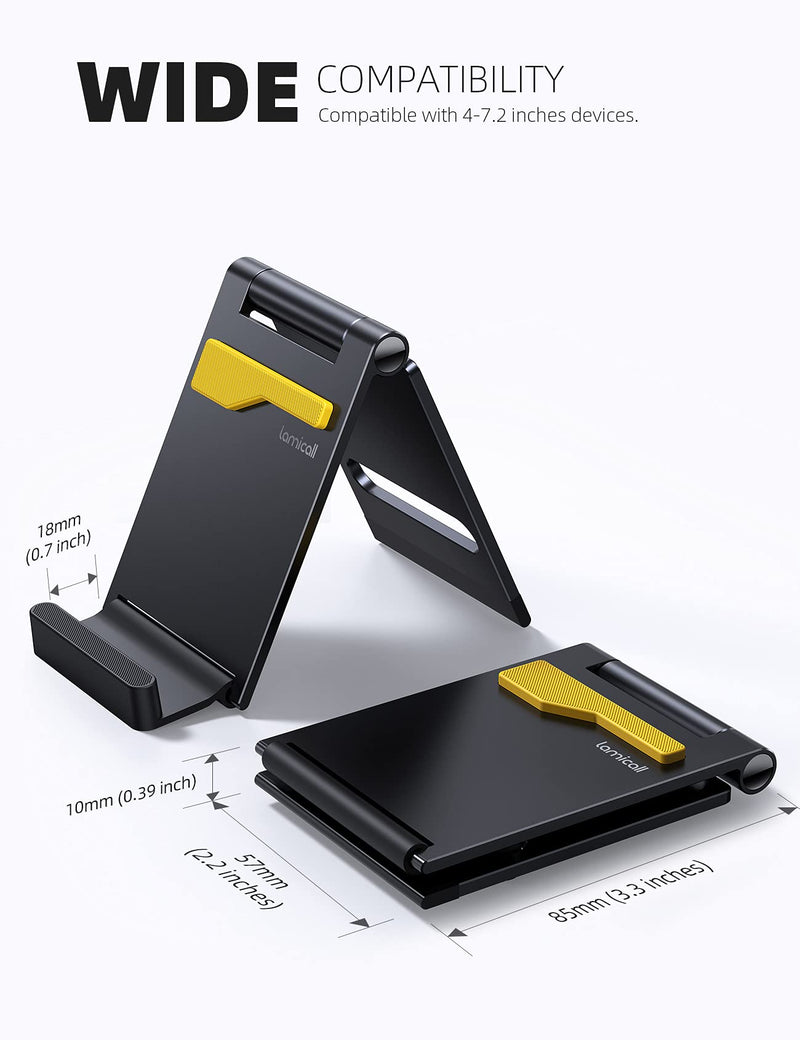 Lamicall Portable Cell Phone Stand - Aluminum Foldable Phone Stand for Desk, Small Pocket Travel Design, Adjustable Mobile Holder Compatible with iPhone 13 12 Mini Pro Max XS XR, More 4-7.2" Cellphone Black