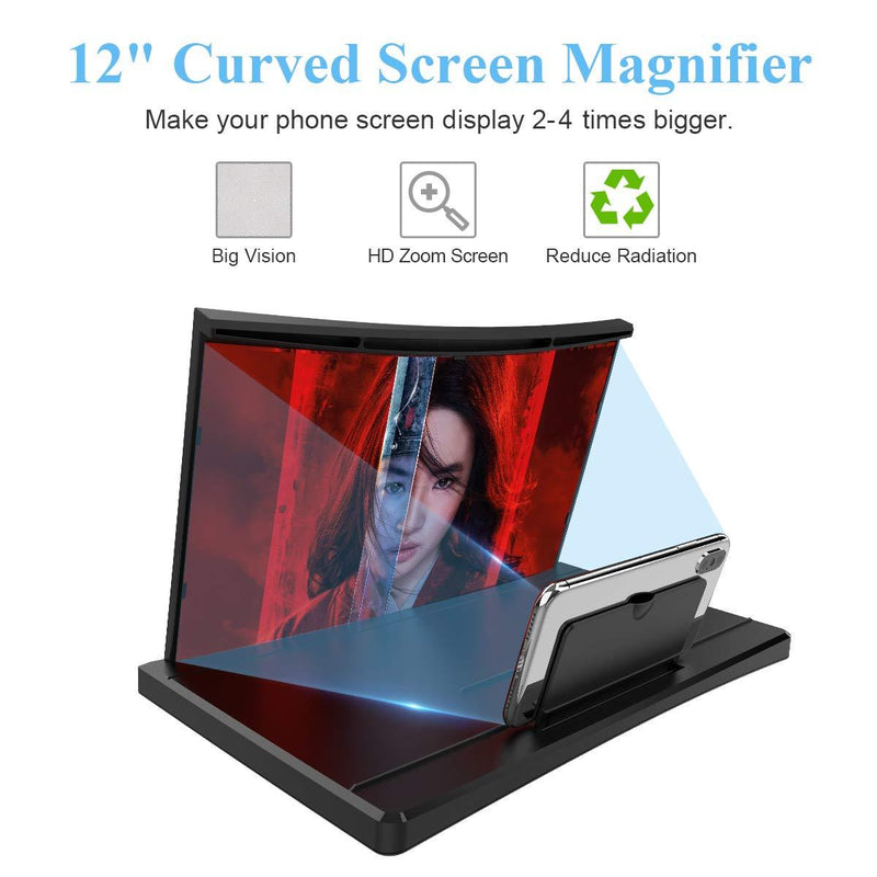 12" Curve Screen Magnifier –3D HD Mobile Phone Magnifier Projector Screen for Movies, Videos, and Gaming–Foldable Phone Stand with Screen Amplifier–Supports All Smartphones (Black) Black