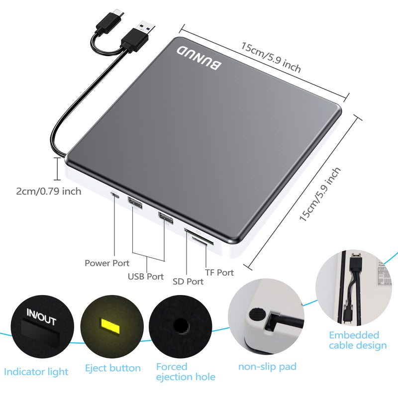 External CD DVD Drive USB 3.0 Type C CD/DVD ROM Burner CD DVD +/-RW Optical Disk Drive Reader with 2 USB and TF/SD Slots Slim Portable Writer Player for Laptop Mac MacBook Windows 11 10 PC Linux OS