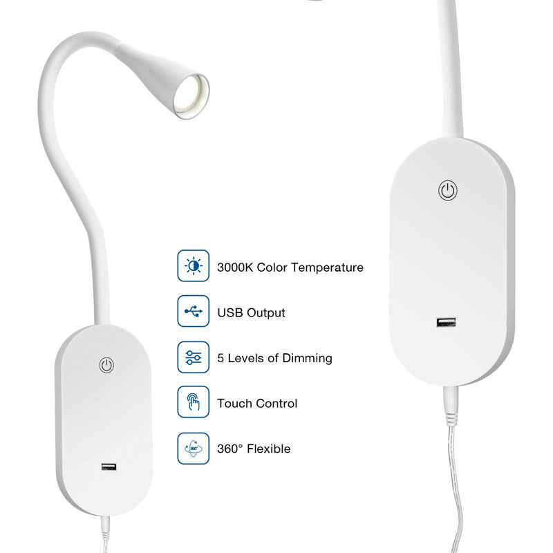Wall Reading Light for Books in Bed, USB Output Headboard Wall Lamp,5 Dimmable Touch Control Reading Lamp,3000k LED Warm Light, Easy to Install（White） White-3000k-1 Pack