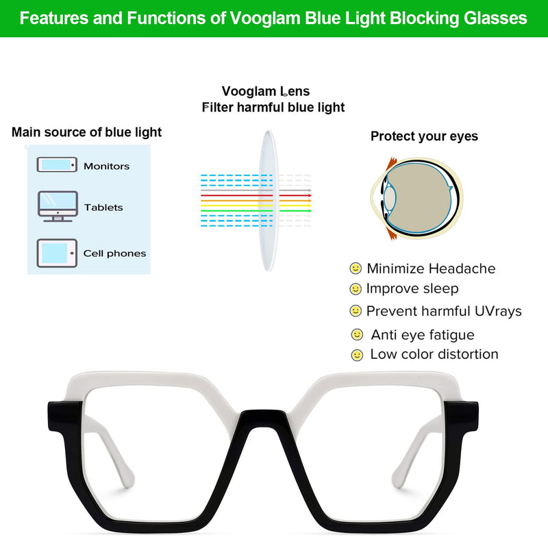 VOOGLAM Square Blue Light Blocking Glasses for Women Men Anti UV Eyestrain Eyewear Mixon Black-white Clear