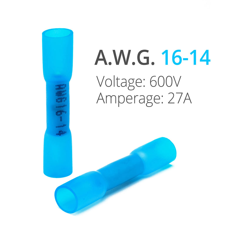 Wirefy 150 PCS Heat Shrink Butt Connectors Blue 16-14 AWG - Marine Grade Butt Connectors - Wire Butt Splice Connectors - Electrical Waterproof Heat Shrink Butts