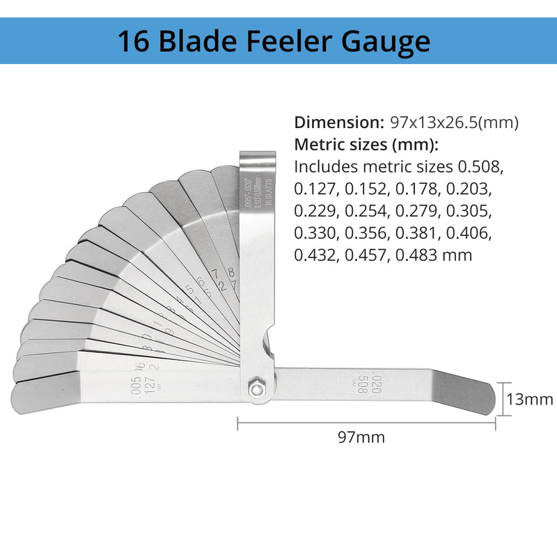 CAMWAY 2Pcs Feeler Gauge Set Stainless Steel Metric/Inch 32 Straight Blade Steel Feeler Gauge,16pcs Feeler Gauge and 45º Blades Offset for Measuring Gap Width/Thickness Measuring Tools Straight&45º Blades Offset