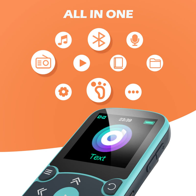 32GB MP3 Player with Clip, AGPTEK Bluetooth 5.0 Lossless Sound with FM Radio, Voice Recorder for Sport Running, Supports up to 128GB TF Card, Blue