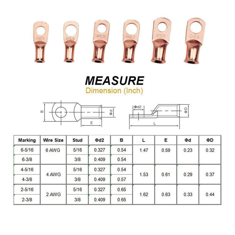 TKDMR 30pcs 2 4 6 AWG Copper Wire Lugs with 3:1 Heat Shrink Tubing,UL Heavy Duty Cable Lugs Battery Cable Ends Copper Eyelets Ring Terminal Connectors 2 4 6 Awg - Ring Kit 30