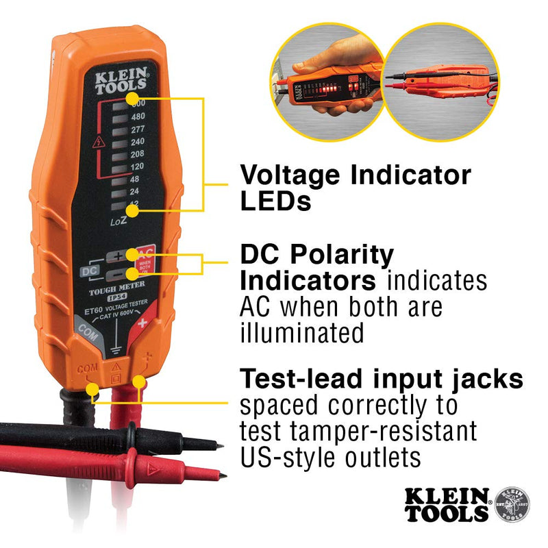 Klein Tools ET60 Voltage Meter, AC Voltage and DC Voltage Tester, Low Voltage Digital Multimeter Does Not Need Batteries AC/DC Voltage