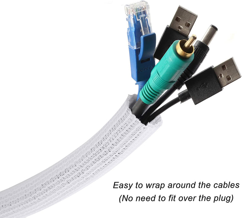 CrocSee 25ft - 1/2 inch Braided Cable Management Sleeve Cord Protector - Self-Wrapping Split Wire Loom for TV/Computer/Home Theater/Engine Bay - White 1/2"-25ft