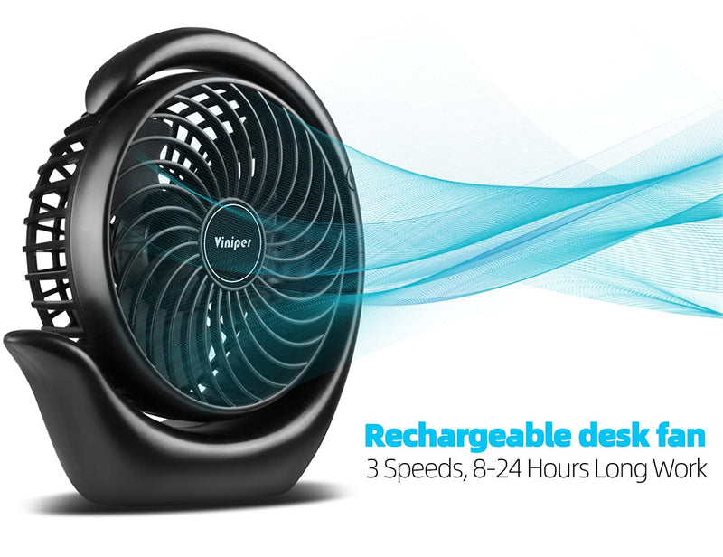 viniper Battery Operated Fan, Small Desk Fan : 3 Speeds & 8-24 Hours Longer Working, 180° Rotation, Optimised Portable USB Rechargeable Fan , Small but Mighty, for Home/Office (6.2 inch, Black) 6.2 inch