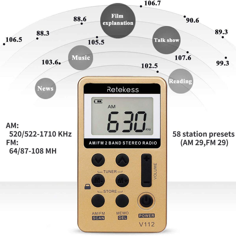 Retekess V112 AM FM Radio Portable, Mini Radio with Earphone Pocket, Digital Tuning Rechargeable Battery LCD Display for Walking Jogging(Gold) Gold