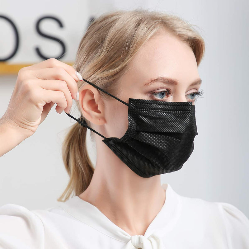 DIOLV Disposable Face Mask Adult 3 Layer Mens Breathable Facemask Womens Facial Masks for Indoor Outdoor 50Pcs/Pack Earloop,Black Black