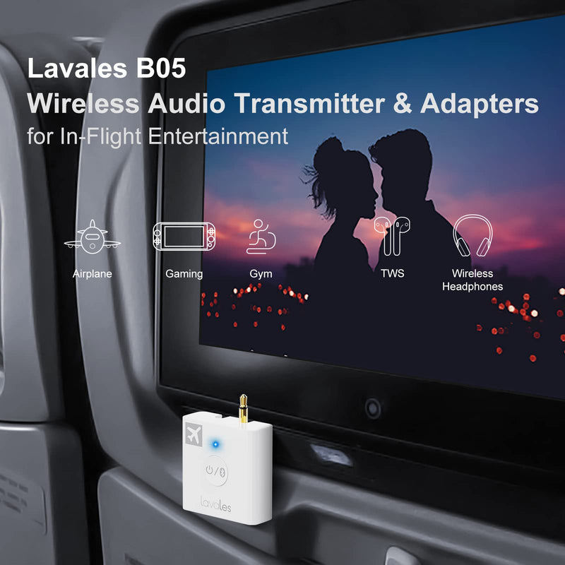 Lavales Flight Bluetooth Wireless Audio Transmitter to 2 AirPods/Headphones, in-Flight Bluetooth 5.3 Audio Adapter with 3.5mm Jack for Airfly/Gym/TVs/Gaming/PC/iPad,AptX Adaptive/Low Latency,32 Hours