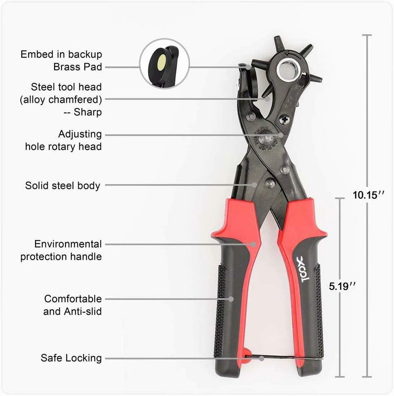 Revolving Punch Plier Kit, XOOL Leather Hole Punch Set for Belts, Watch Bands, Straps, Dog Collars, Saddles, Shoes, Fabric, DIY Home or Craft Projects, Heavy Duty Rotary Puncher, Multi Hole Sizes Make Hole Puncher