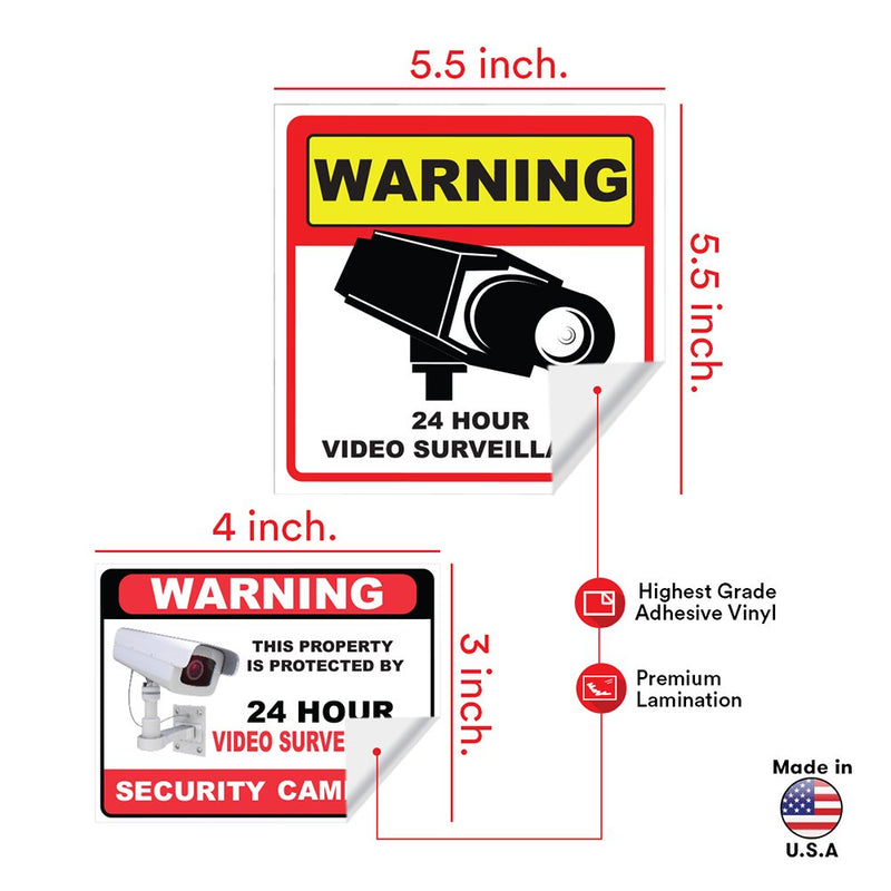 Video Surveillance Camera Sticker Sign - 10 Pack Decal - Home Business Alarm System Stickers - (4)5½" x 5½" & (6)3" x 4" - Adhesive Under 24 Hours Security Warning Signs - Robbery & Theft Prevention