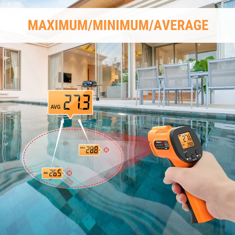 ThermoPro TP30 Infrared Thermometer Laser Temperature Meter -50°C ~ 550°C Emissivity adjustable MAX/MIN/AVG readings (NOT for humans) Ideal for air conditioning, car engine, floor heating Celsius/Fahrenheit