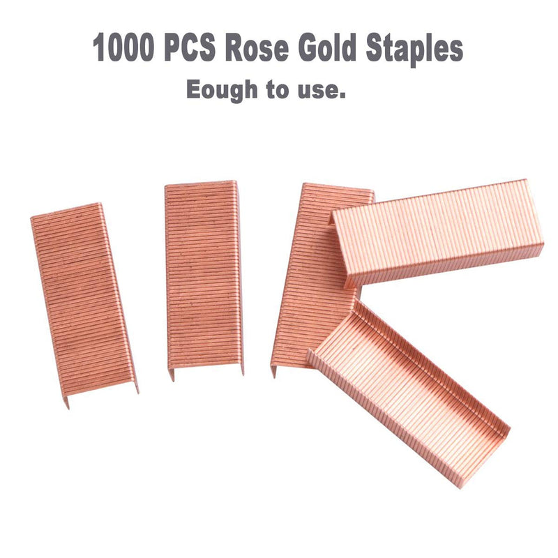 Rose Gold Desk Accessories Set - Transparent Rose Gold Acrylic Desktop Stapler with 1000 PCS Rose Gold Staples and 15 Pieces Blinder Clips for Home School Office Supplies Stationery Desk Accessory