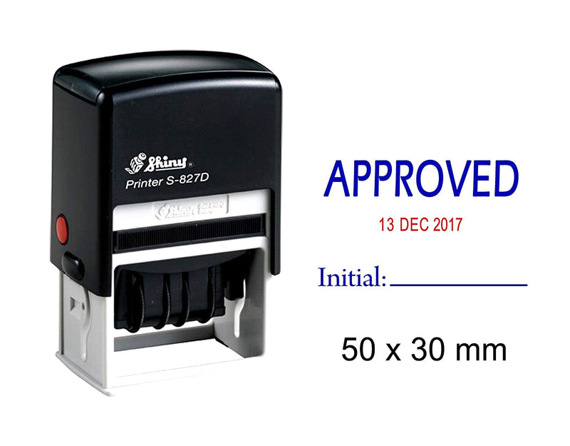 Self Inking Shiny Date Stamp with Approved & Initial Text Office Stationery Rubber Stamper S-827D Blue With Red Date