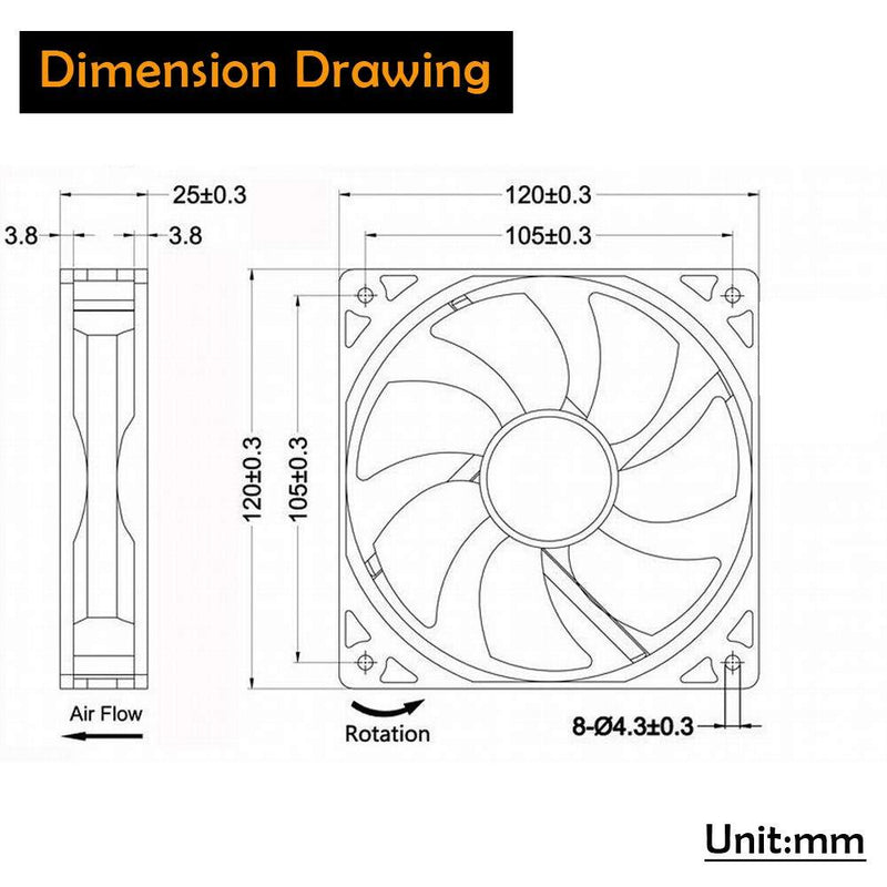 GDSTIME Dual Ball Bearings 120mm x 120mm x 25mm 5 inch 12v Brushless DC Cooling Exhaust Fan
