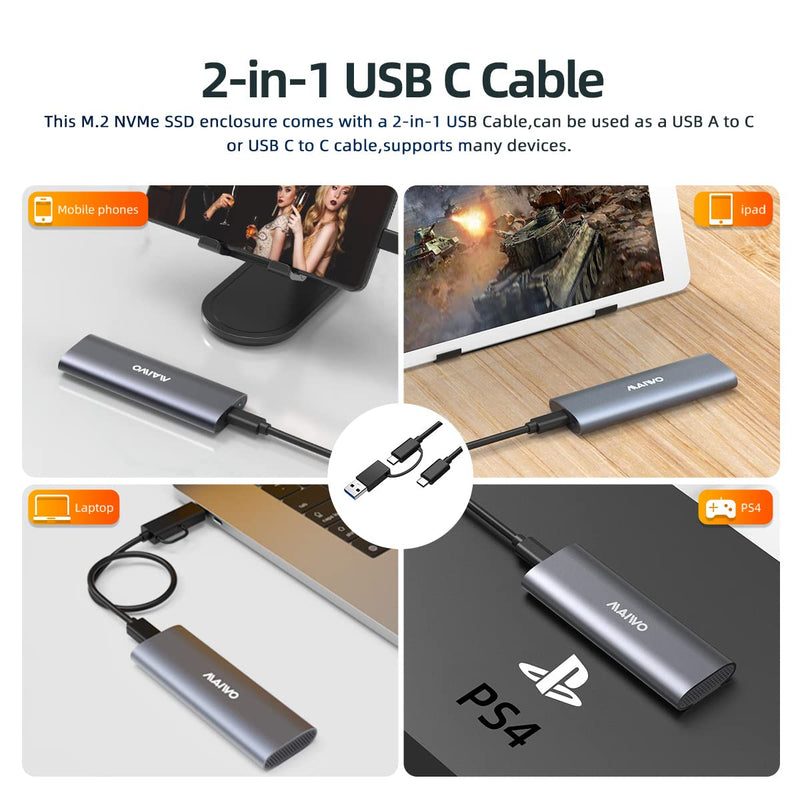 MAIWO M.2 NVME SSD Enclosure USB 3.2 Gen 2 (10 Gbps) to NVME PCI-E M-Key Adapter M.2 Solid State Drive External Enclosure Support UASP Trim Support NVMe PCIe 2230/2242/2260/2280 2TB