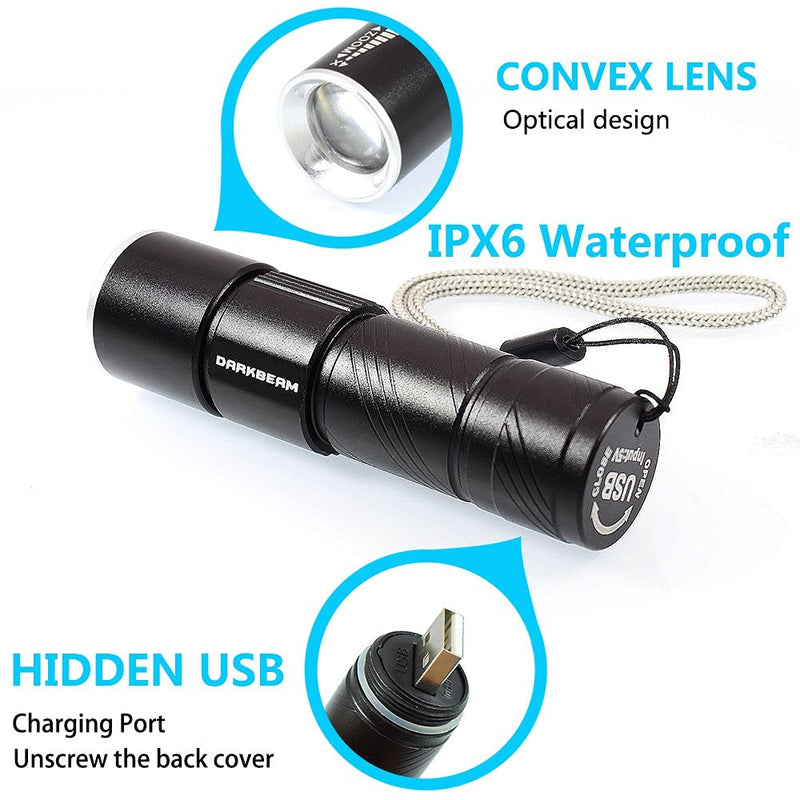 DARKBEAM USB Rechargeable UV light 395nm led Flashlight Portable 400nm Mini Detector for Dog Urine Pet Stains, Anti-counterfeiting identification, Resin Curing UV usb flashlight black
